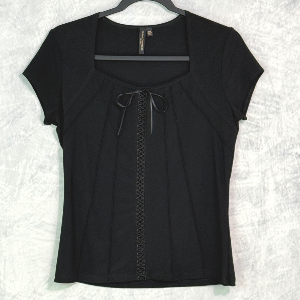 Black Corset Style Laced‎ Front Square Neck Top sz M Petite Whimsigoth Witchy